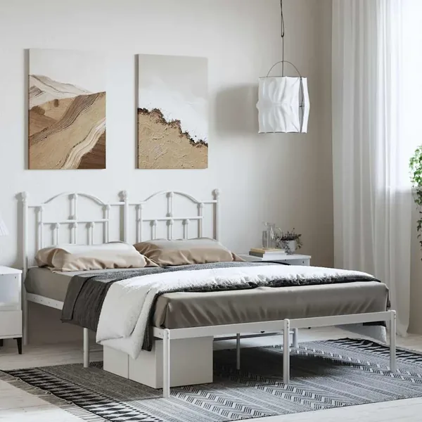 Cadre de lit métal sans matelas et tête de lit blanc 135x190 cm
