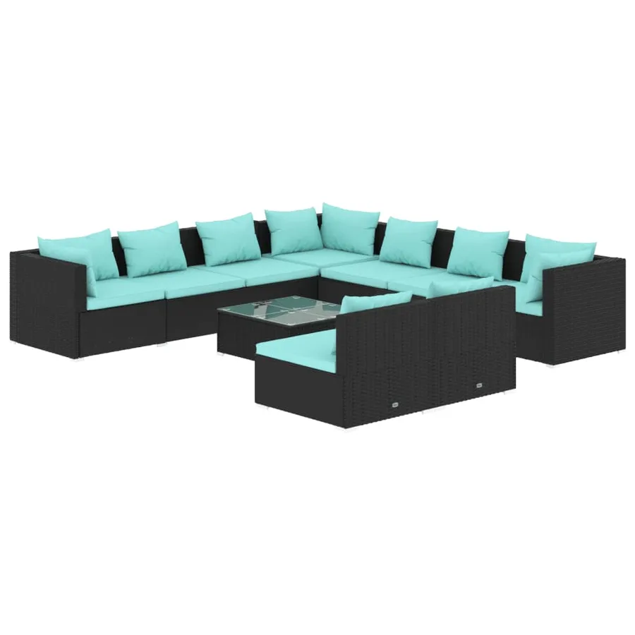 Salon de jardin 10 pcs avec coussins noir résine tressée - 2