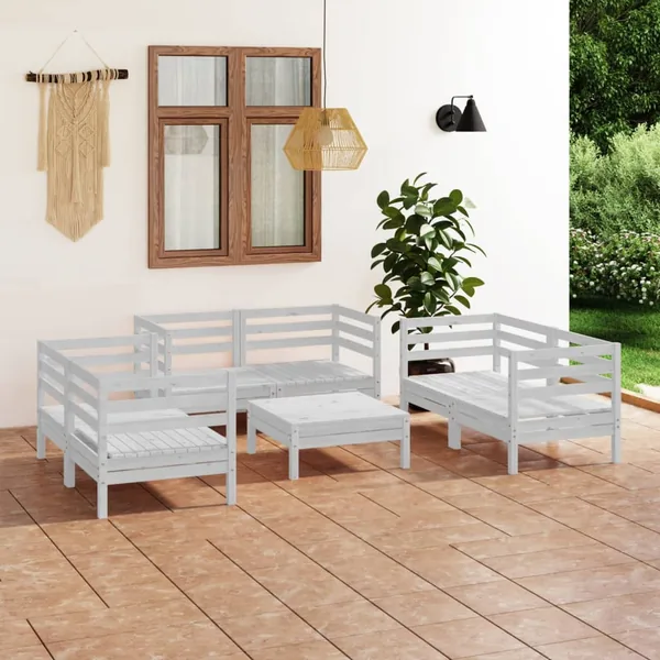 Salon de jardin 7 pcs Blanc Bois de pin massif