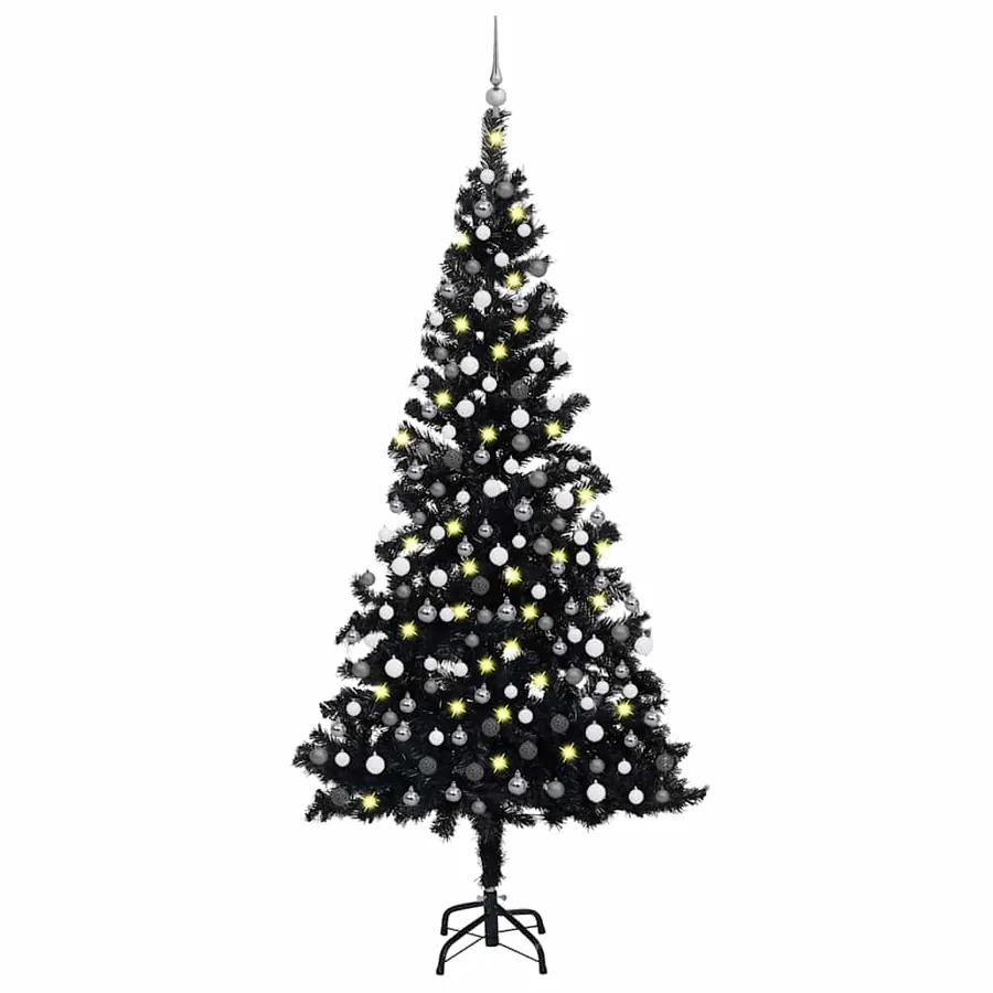 Arbre de Noël artificiel pré-éclairé et boules noir 210 cm PVC