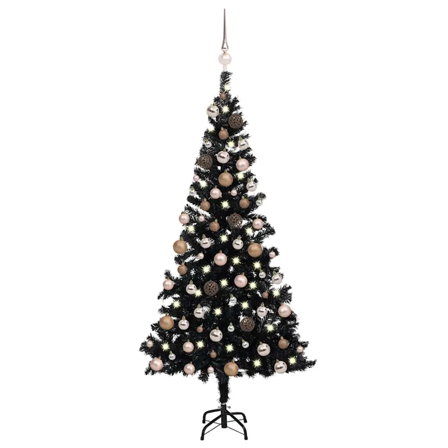 Arbre de Noël artificiel pré-éclairé et boules noir 180 cm PVC