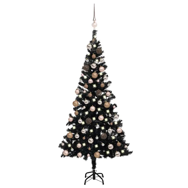 Arbre de Noël artificiel pré-éclairé et boules noir 180 cm PVC