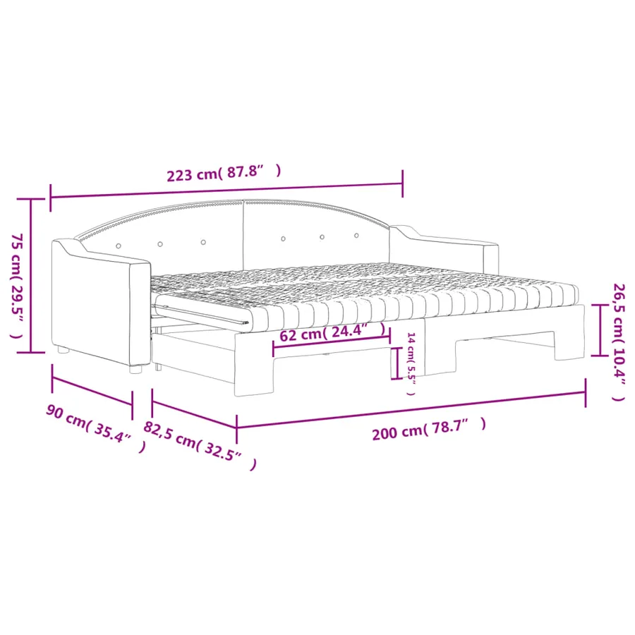 Lit de jour avec lit gigogne et matelas noir 80x200 cm tissu - 12