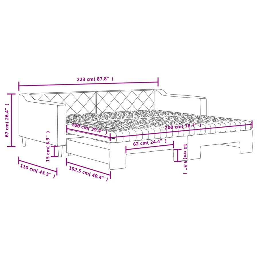 Lit de jour avec gigogne et matelas gris clair 100x200 cm tissu - 12
