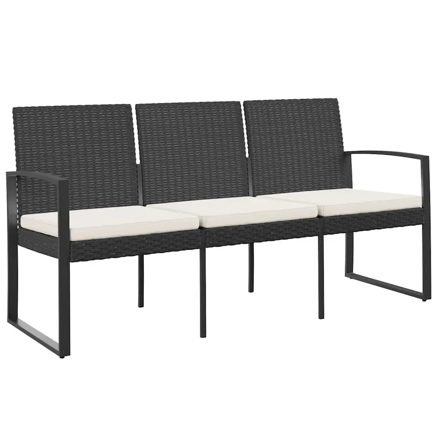 Banc de jardin à 3 places avec coussins noir rotin PP - 2