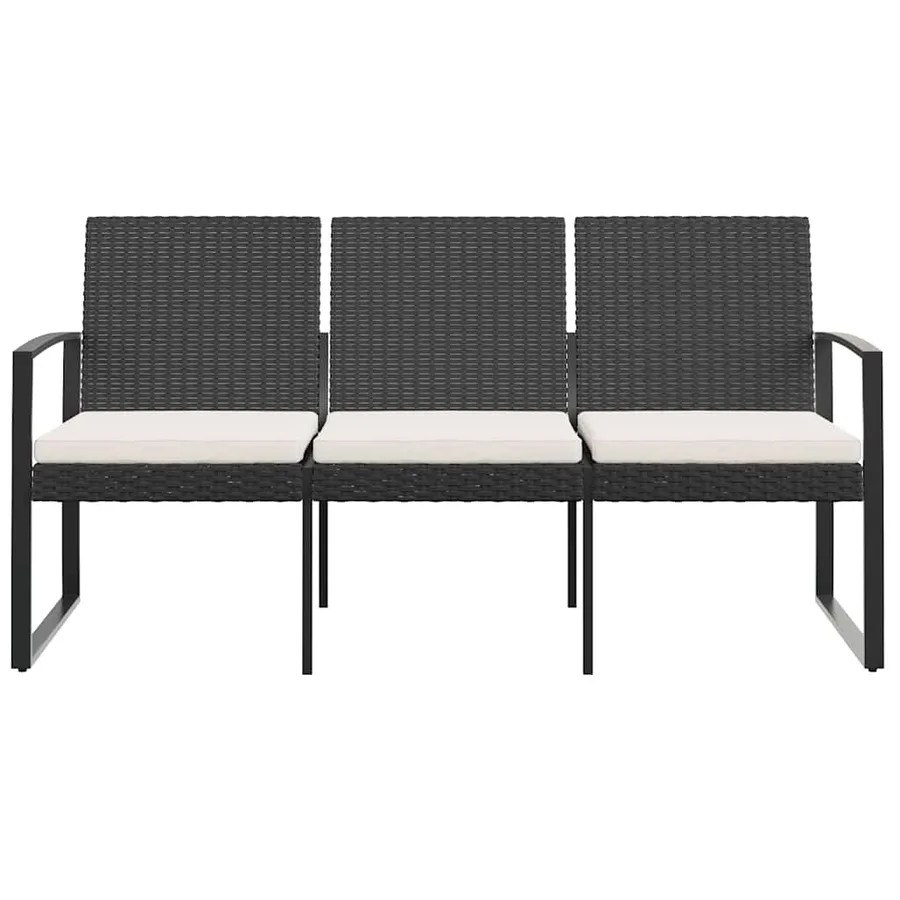 Banc de jardin à 3 places avec coussins noir rotin PP - 3