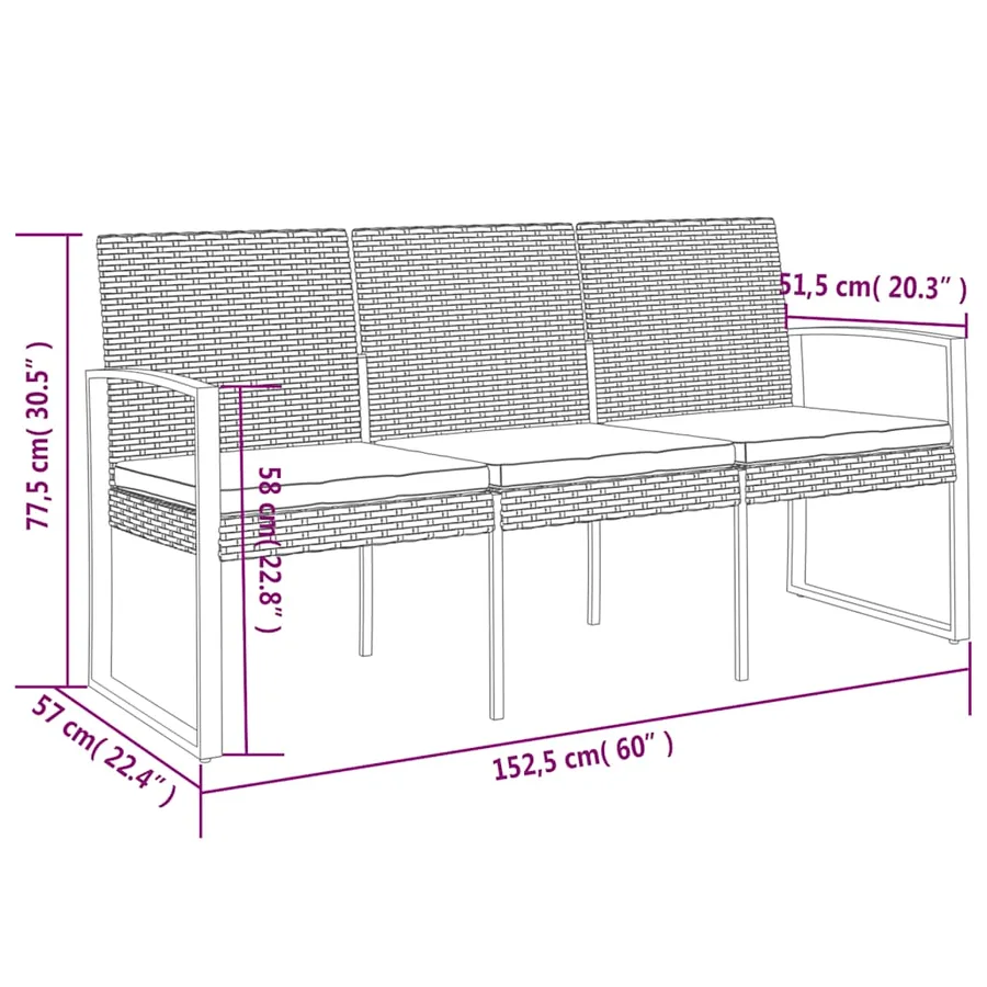 Banc de jardin à 3 places avec coussins noir rotin PP - 7