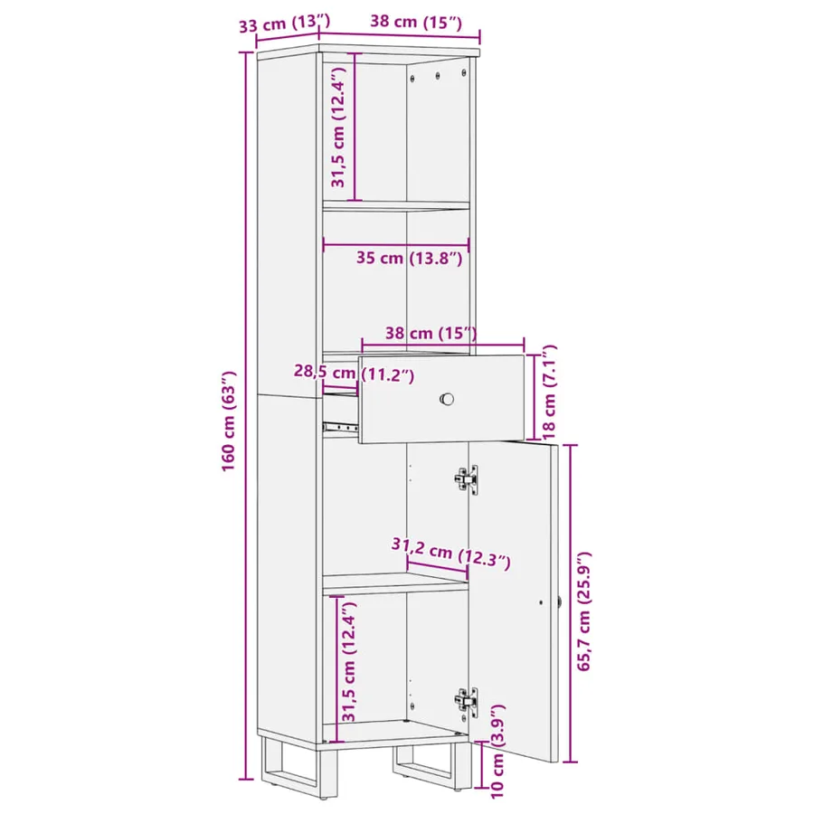 Armoire de salle de bain 38x33x160 cm bois massif récupération - 10