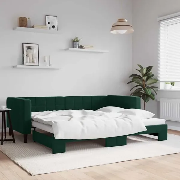 Lit de jour avec gigogne sans matelas vert foncé 90x200 cm