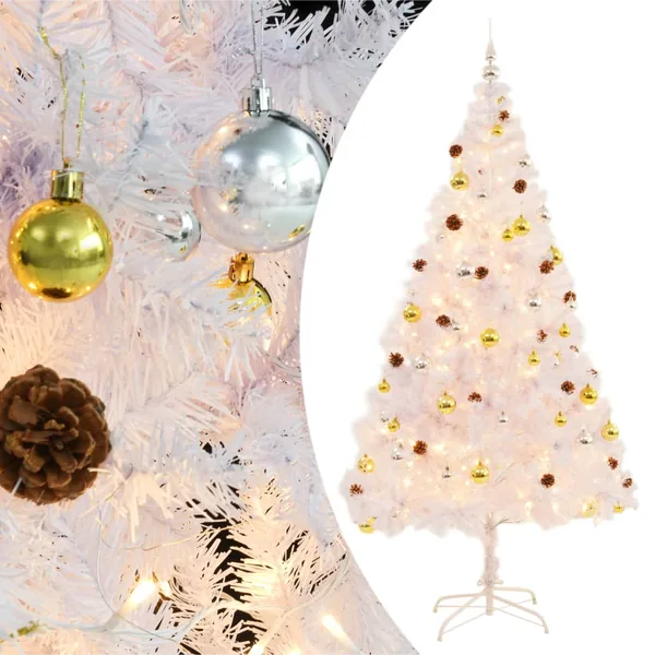 Arbre de Noël artificiel pré-éclairé avec boules blanc 210 cm
