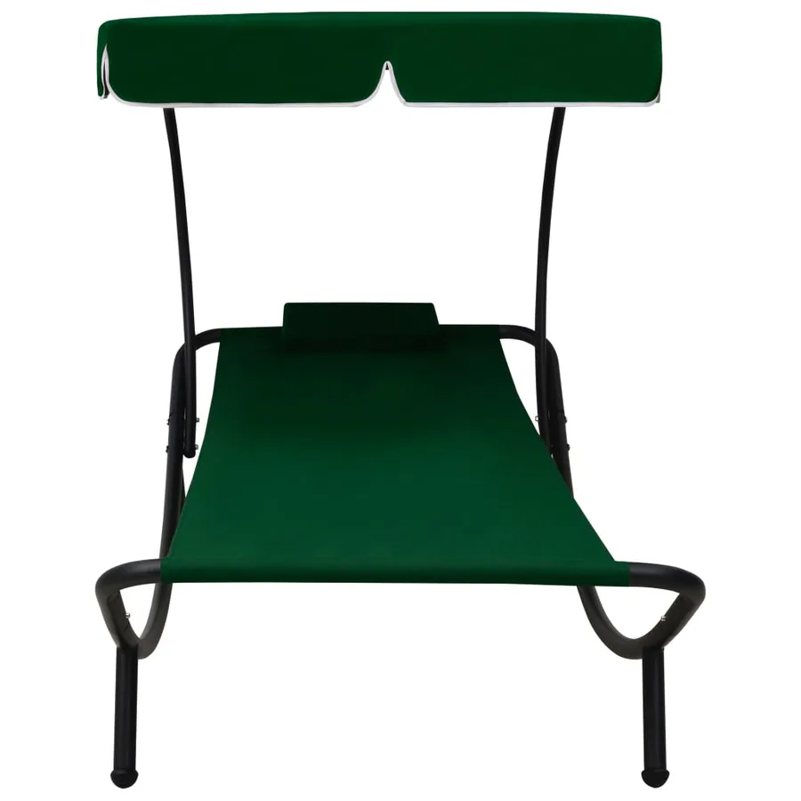 Chaise longue de jardin avec auvent et oreiller vert - 2