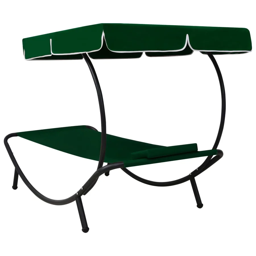 Chaise longue de jardin avec auvent et oreiller vert - 4