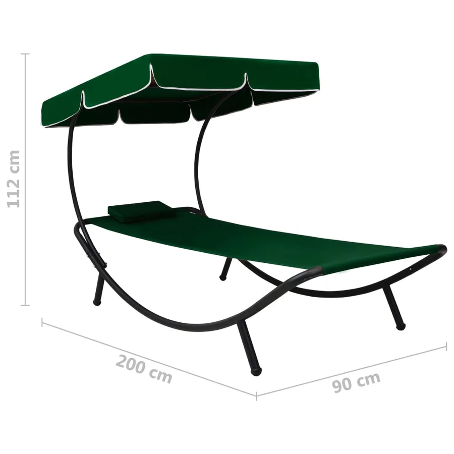 Chaise longue de jardin avec auvent et oreiller vert - 7