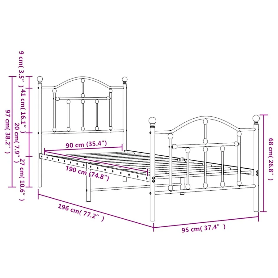 Cadre de lit métal sans matelas avec pied de lit blanc 90x190cm - 9