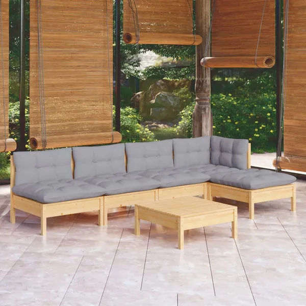 Salon de jardin 6 pcs avec coussins gris bois de pin
