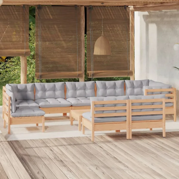 Salon de jardin 10 pcs avec coussins gris bois de pin massif