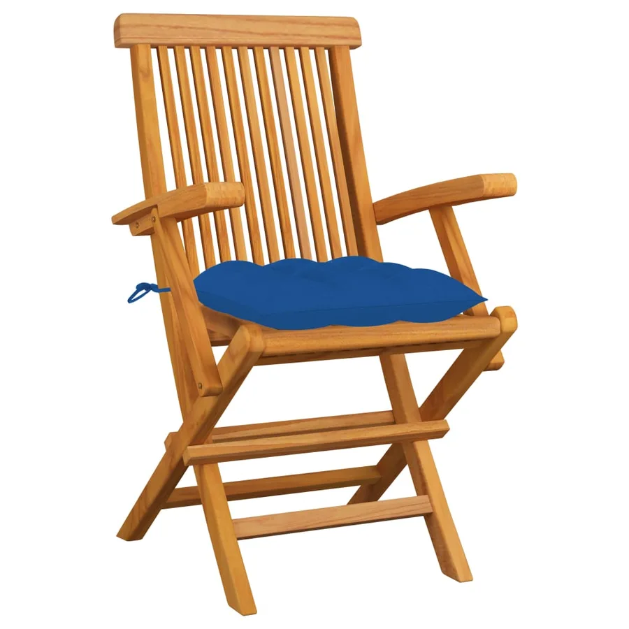 Chaises de jardin avec coussins bleu lot de 3 Bois teck massif - 2