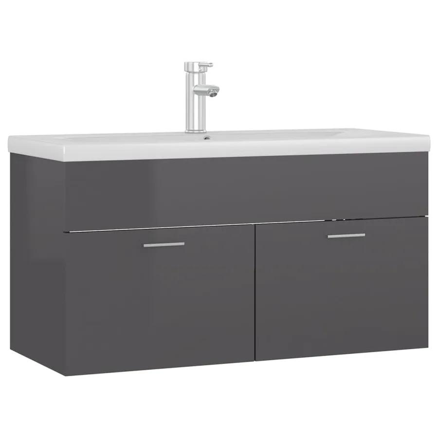 Armoire d'évier avec lavabo intégré Gris brillant Aggloméré - 2