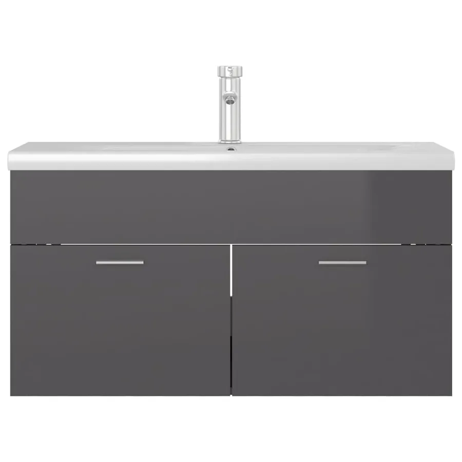 Armoire d'évier avec lavabo intégré Gris brillant Aggloméré - 3