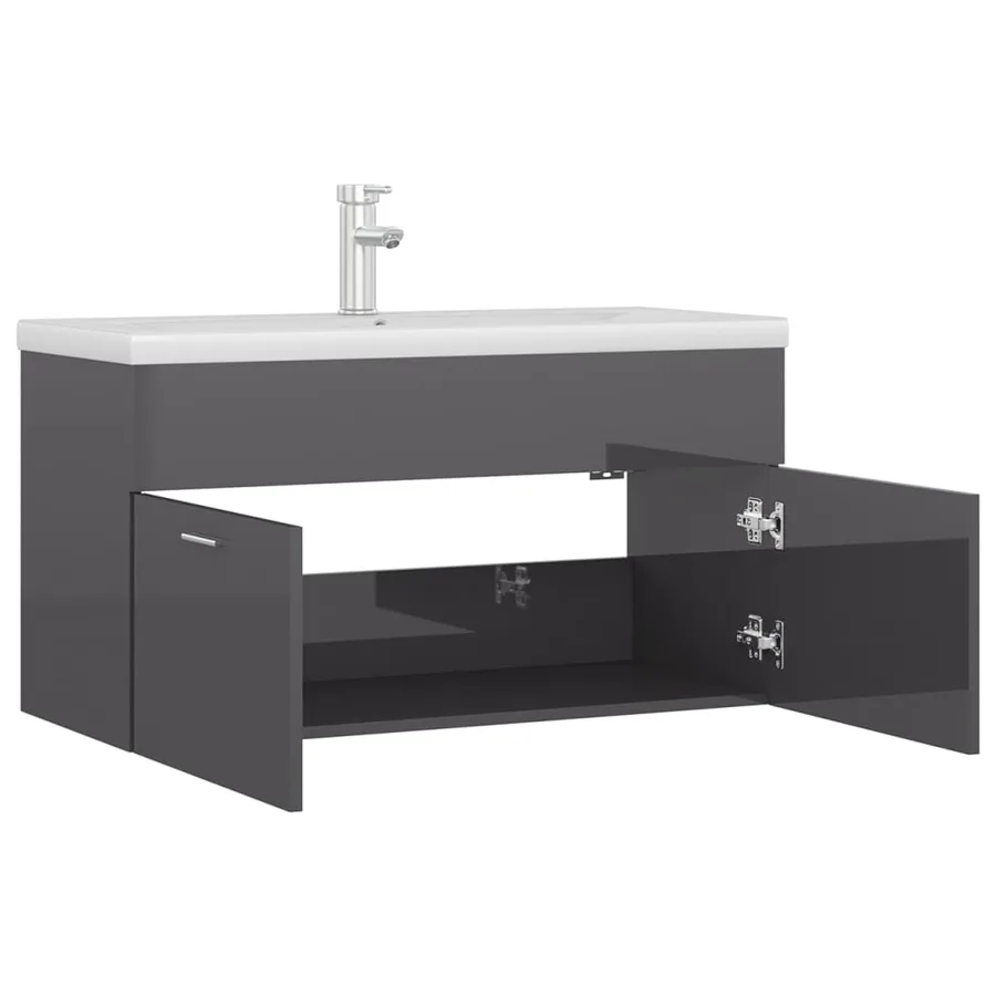 Armoire d'évier avec lavabo intégré Gris brillant Aggloméré - 5