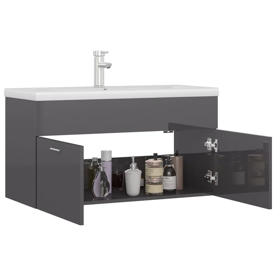 Armoire d'évier avec lavabo intégré Gris brillant Aggloméré - 6