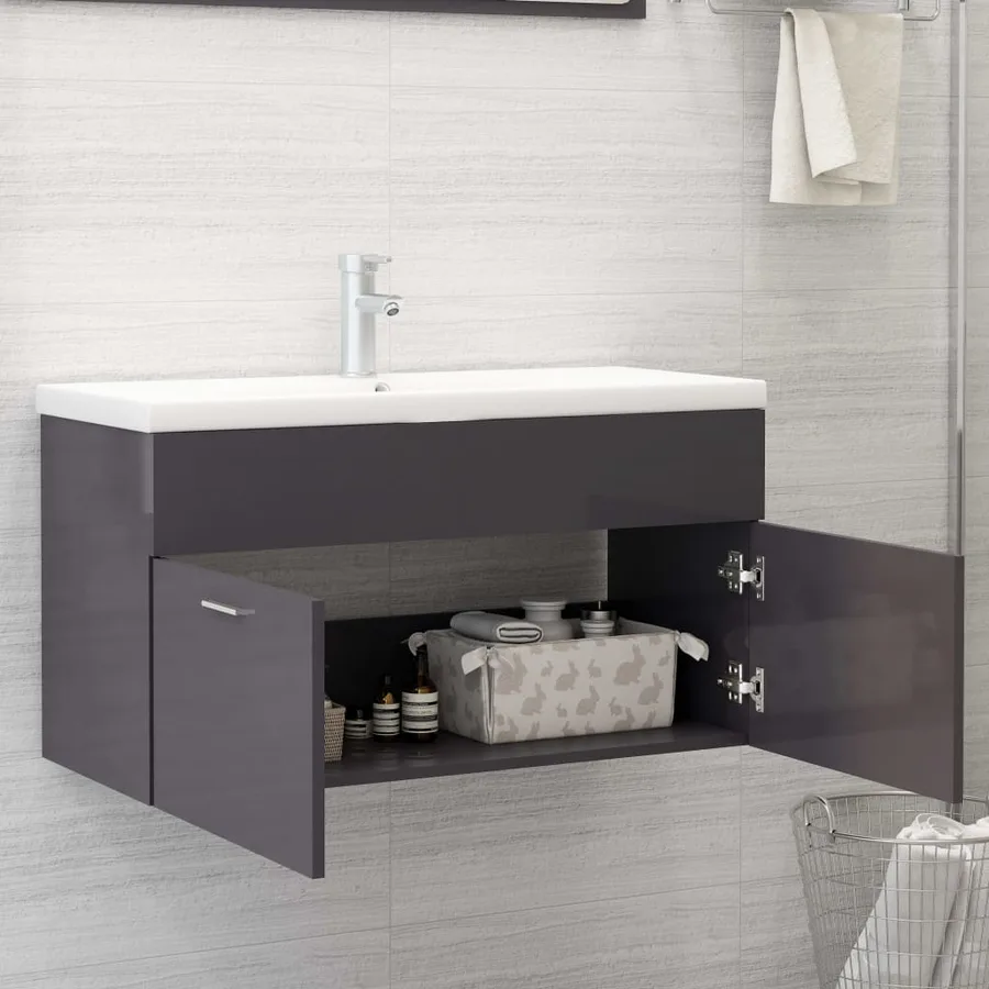Armoire d'évier avec lavabo intégré Gris brillant Aggloméré - 7