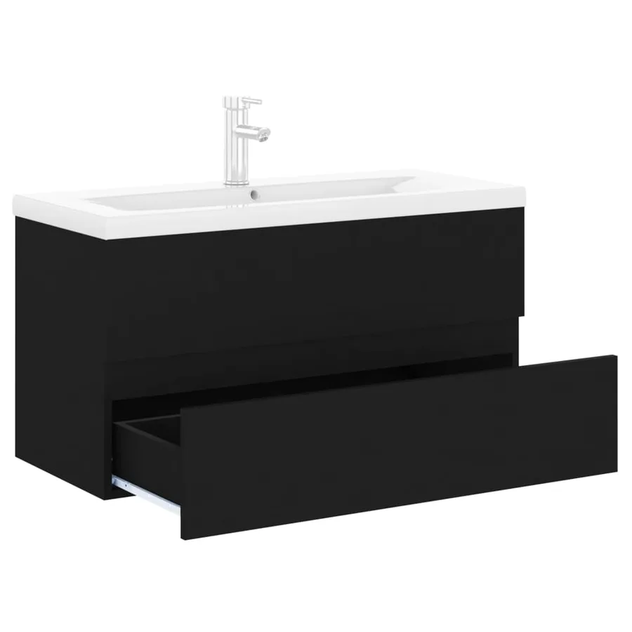 Armoire d'évier avec lavabo intégré noir bois d'ingénierie - 6