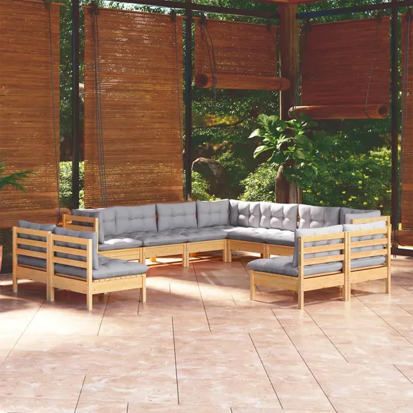 Salon de jardin 11 pcs avec coussins gris Bois de pin solide