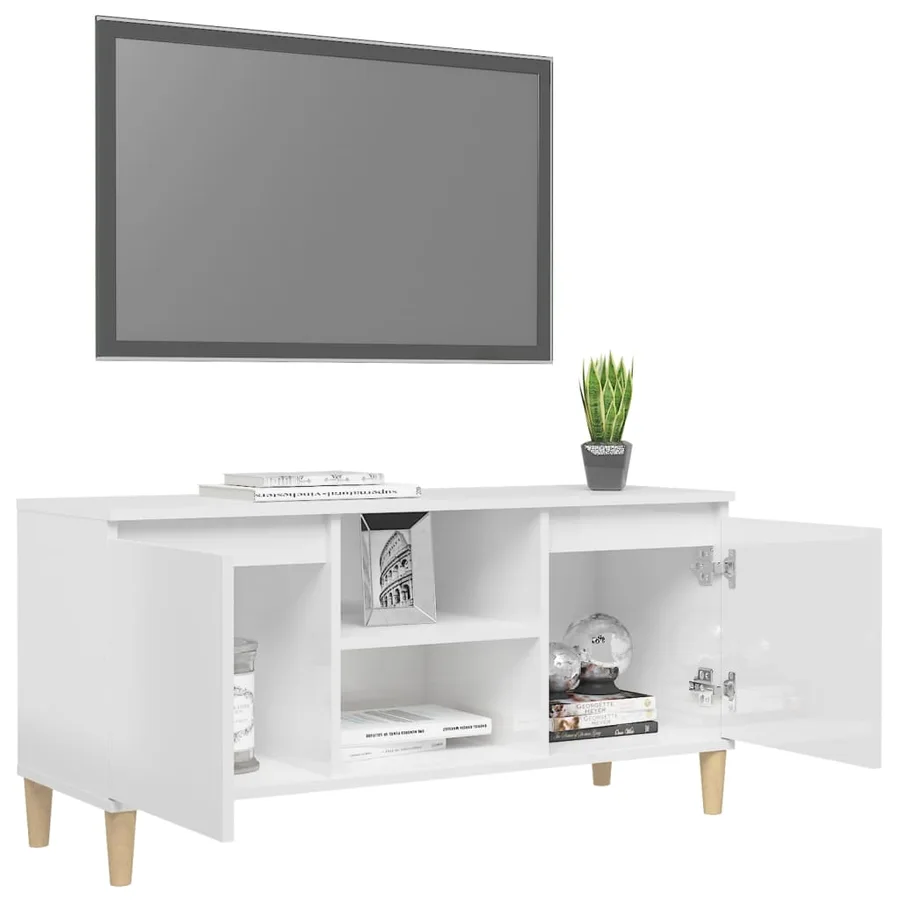 Meuble TV avec pieds en bois Blanc brillant 103,5x35x50 cm - 4