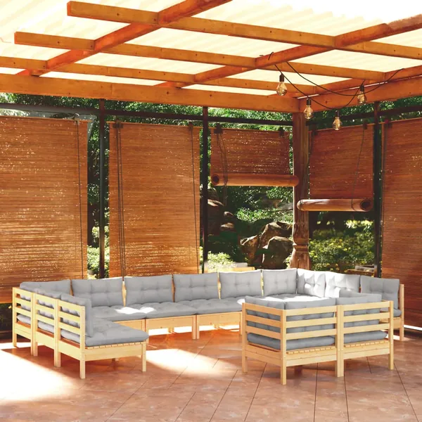 Salon de jardin 11 pcs avec coussins gris Bois de pin solide
