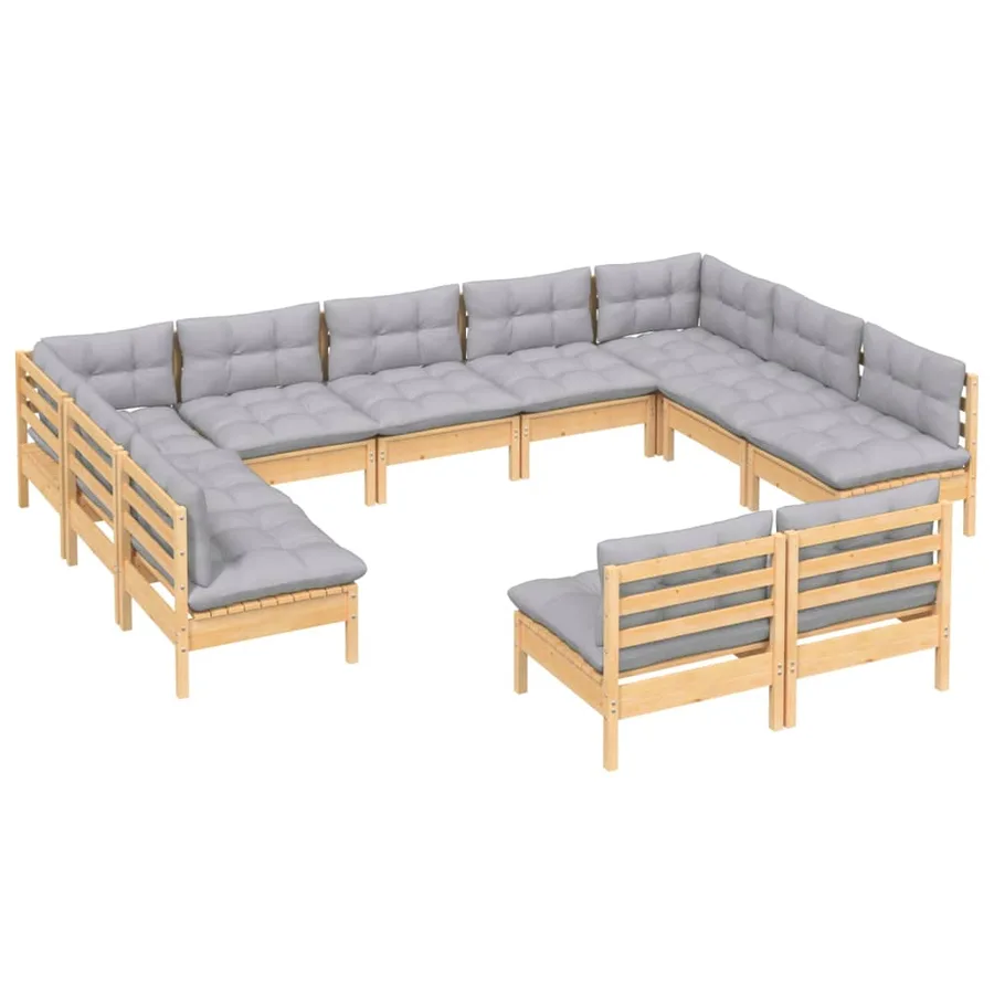 Salon de jardin 11 pcs avec coussins gris Bois de pin solide - 3