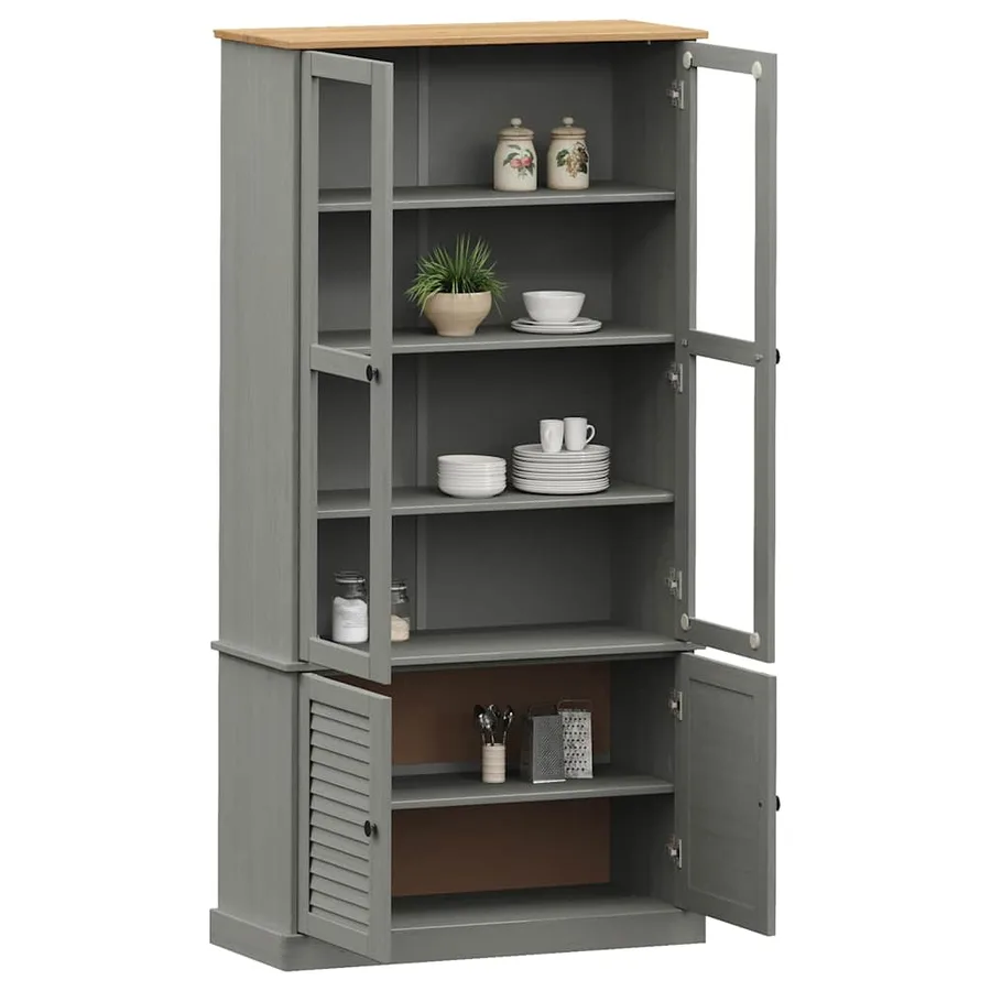 Vitrine en verre VIGO gris 85x35x170 cm bois massif de pin - 3