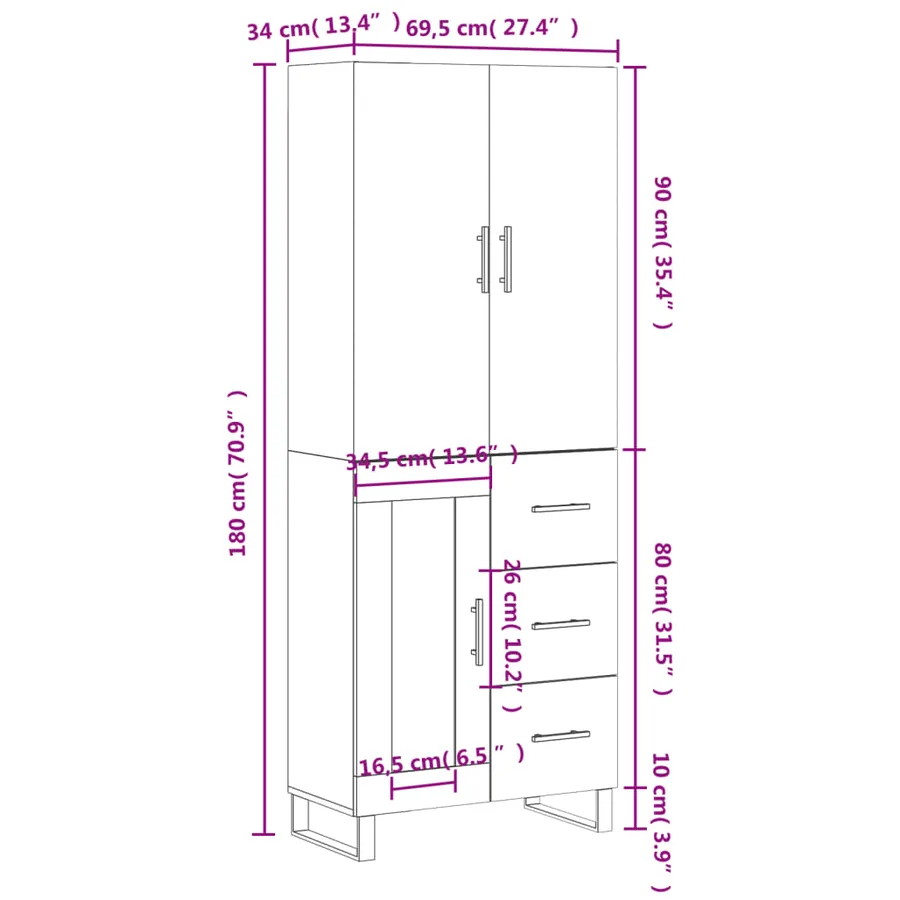 Buffet haut Gris béton 69,5x34x180 cm Bois d'ingénierie - 14