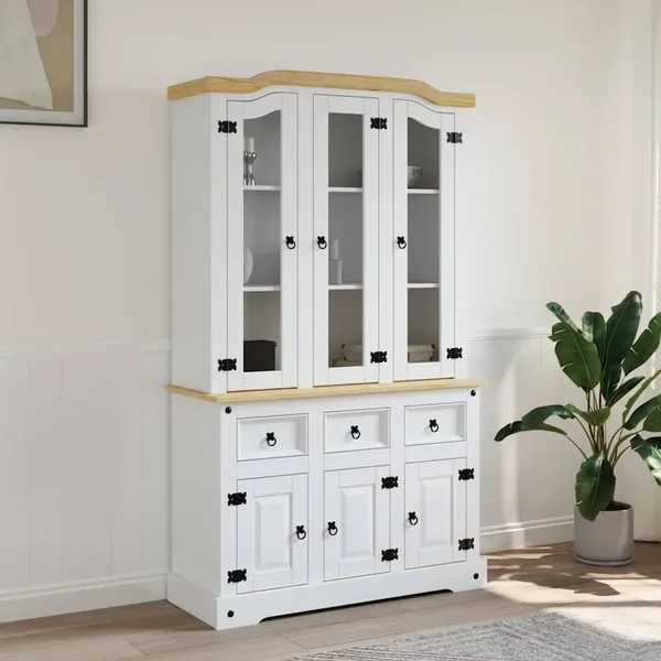 Buffet haut Corona blanc 112x43x196 cm bois massif pin mexicain