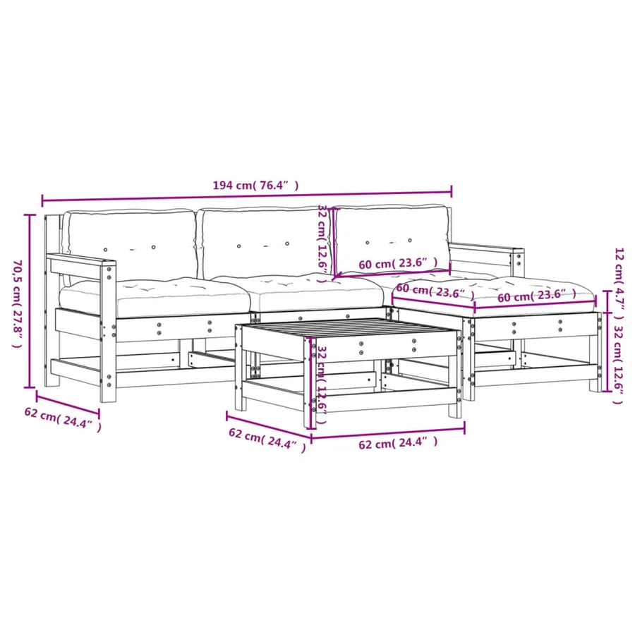 Salon de jardin 5 pcs avec coussins bois massif - 9