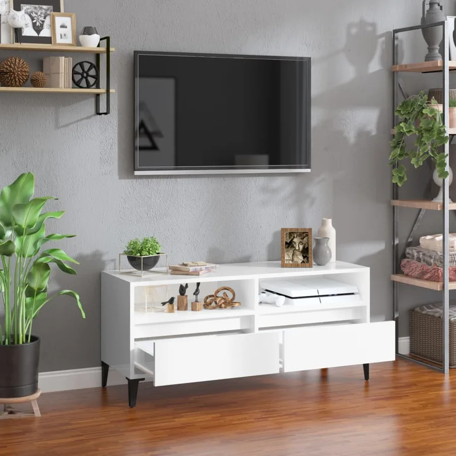 Meuble TV blanc brillant 100x34,5x44,5 cm bois d'ingénierie - 3