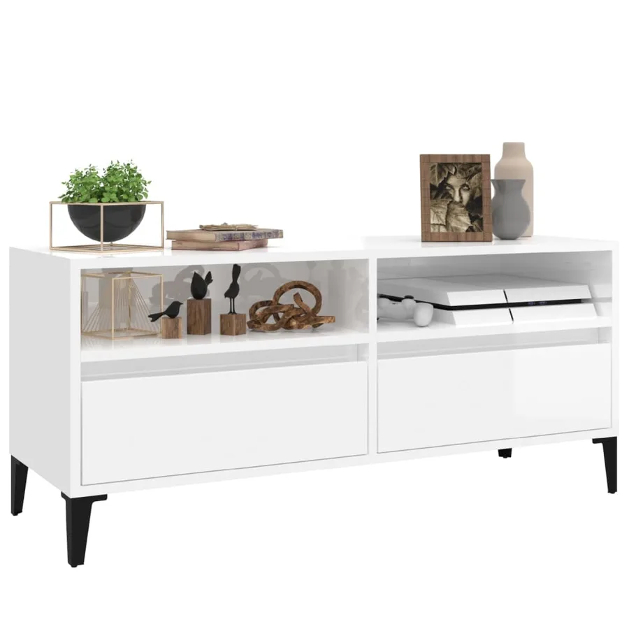 Meuble TV blanc brillant 100x34,5x44,5 cm bois d'ingénierie - 4
