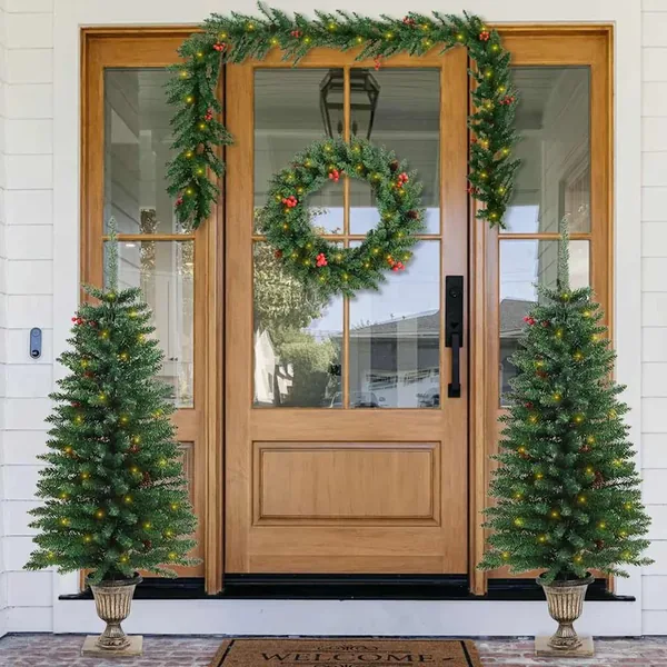 Arbres de Noël artificiels 2 pcs et couronne, guirlande et LED