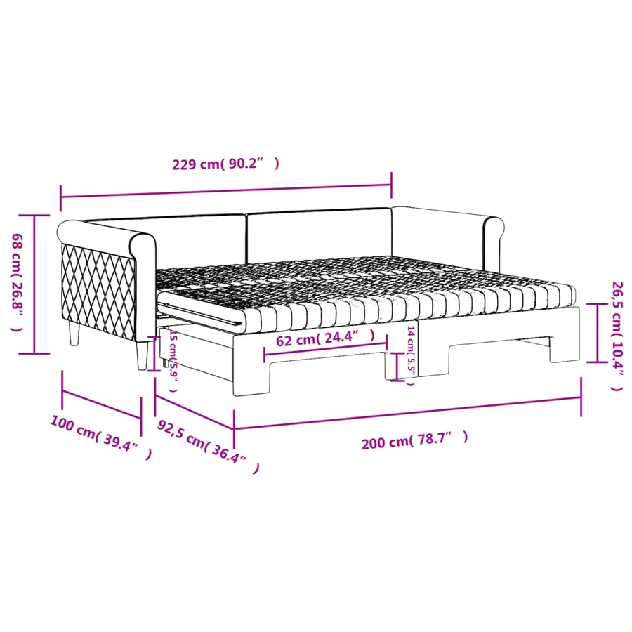Lit de jour avec gigogne et matelas noir 90x200 cm velours - 12
