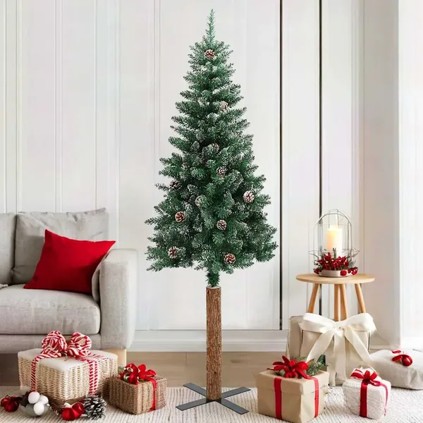 Sapin de Noël mince bois véritable et neige blanche vert 180 cm