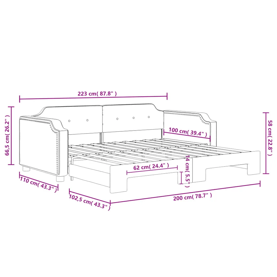 Lit de jour avec lit gigogne crème 100x200 cm tissu - 11