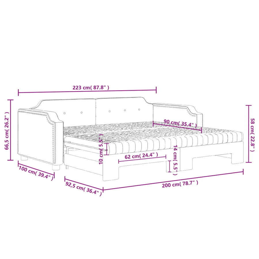 Lit de jour avec gigogne et matelas taupe 90x200 cm tissu - 12