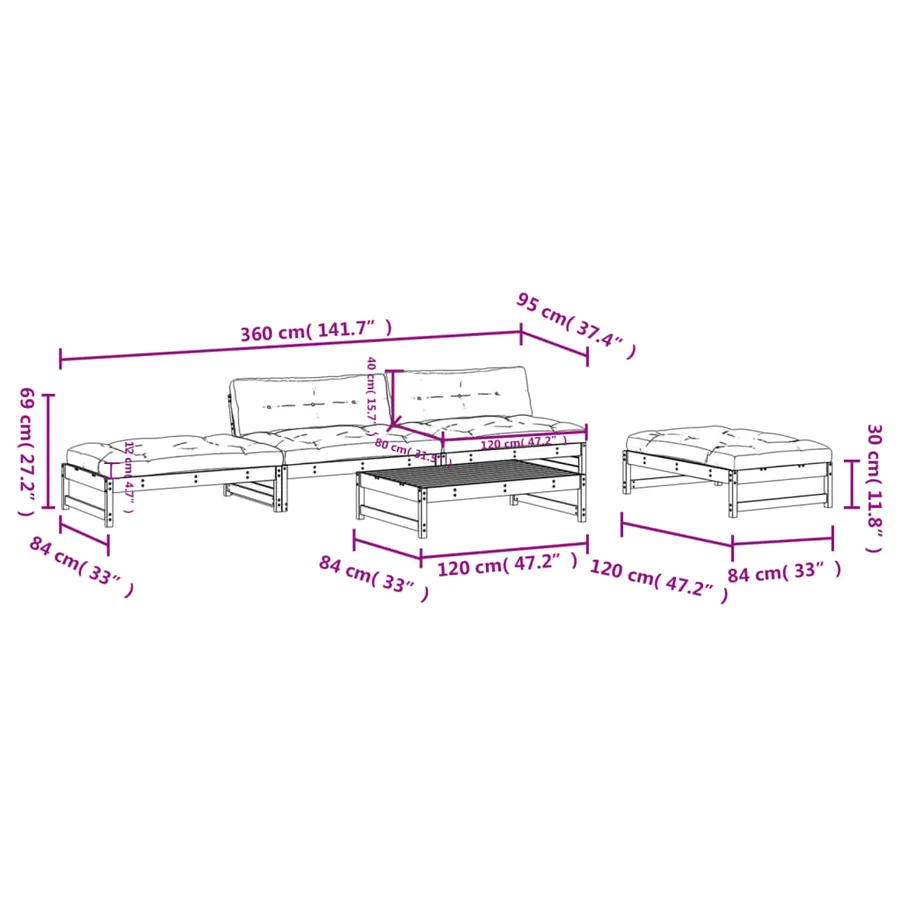 Salon de jardin 5 pcs avec coussins bois massif douglas - 8