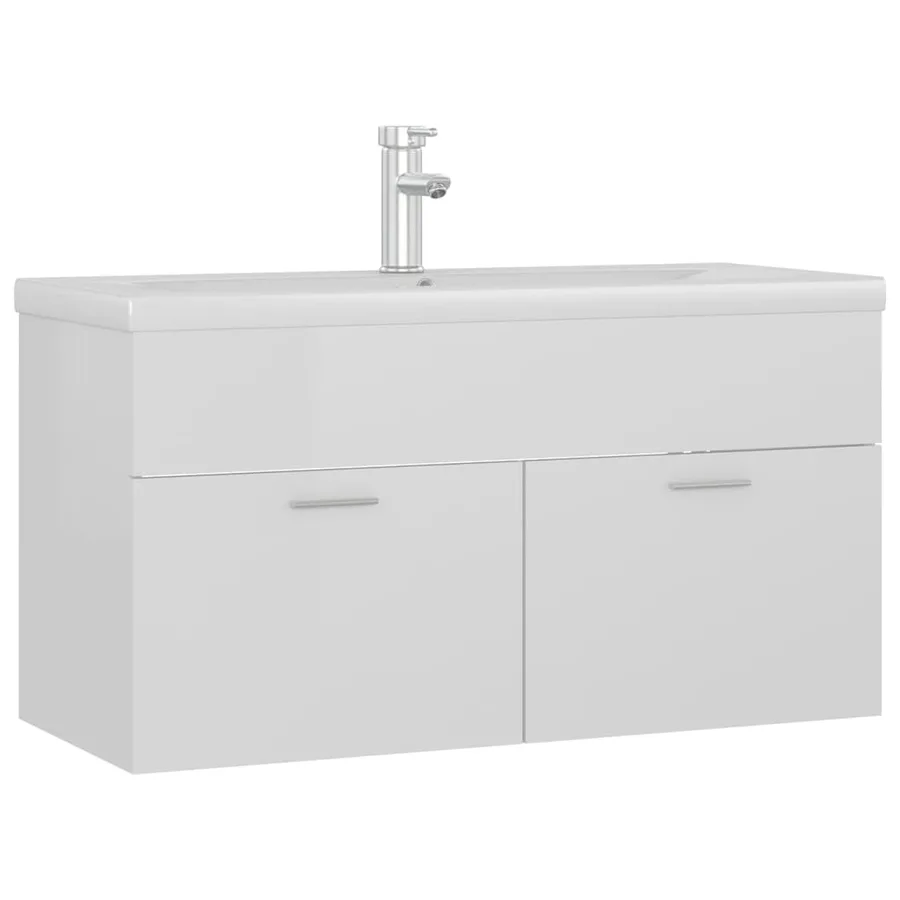 Armoire d'évier avec lavabo intégré Blanc brillant Aggloméré - 2
