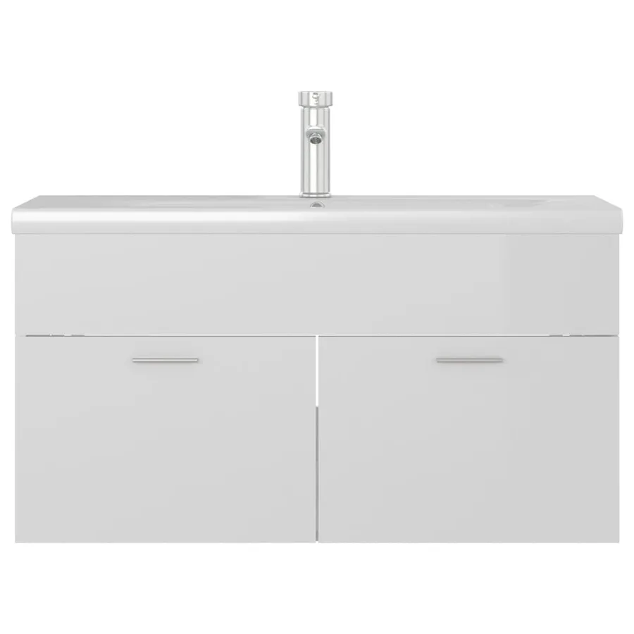 Armoire d'évier avec lavabo intégré Blanc brillant Aggloméré - 3