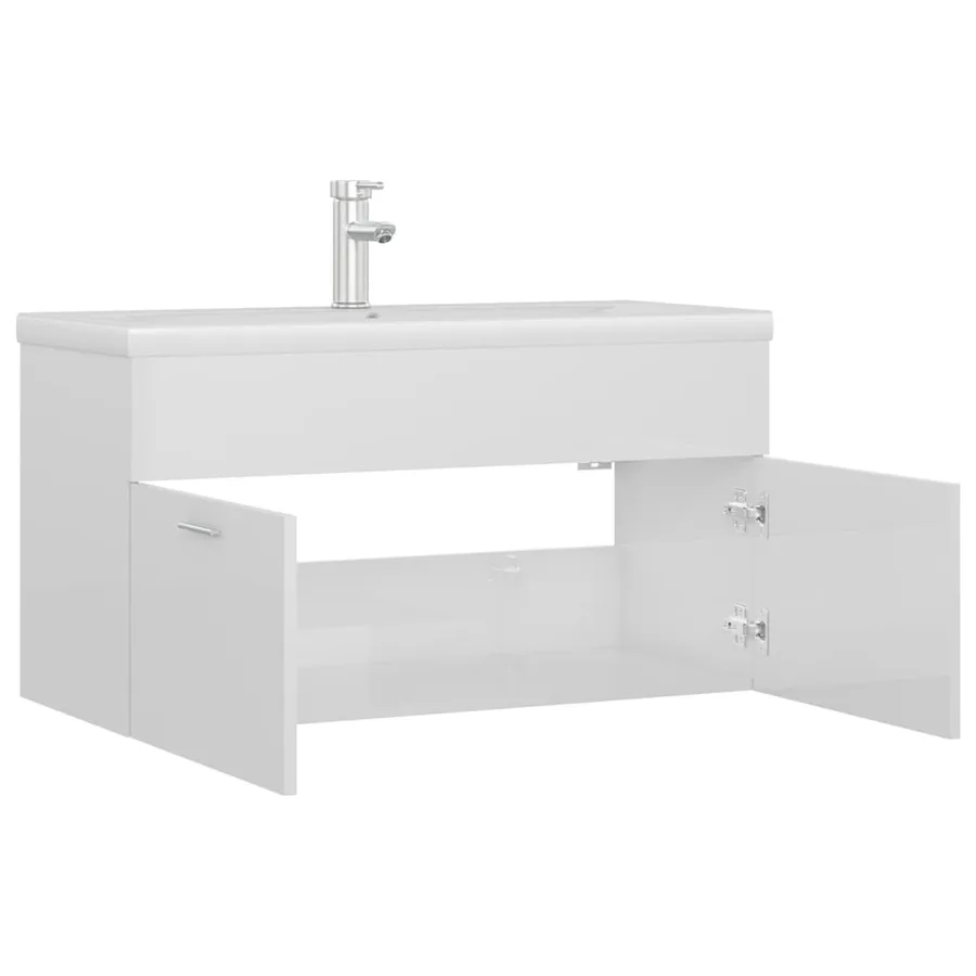 Armoire d'évier avec lavabo intégré Blanc brillant Aggloméré - 5