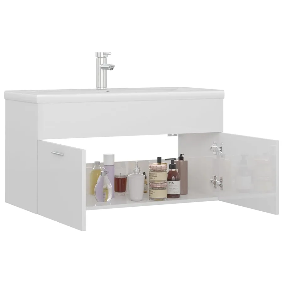 Armoire d'évier avec lavabo intégré Blanc brillant Aggloméré - 6