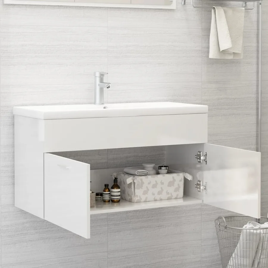 Armoire d'évier avec lavabo intégré Blanc brillant Aggloméré - 7