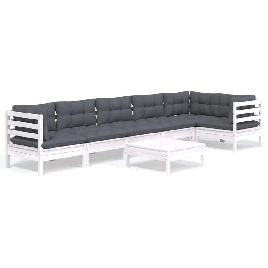 Salon de jardin 7 pcs avec coussins blanc bois de pin - 2