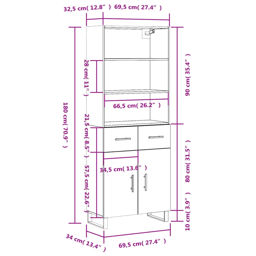 Buffet haut Blanc brillant 69,5x34x180 cm Bois d'ingénierie - 14
